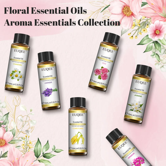 EUQEE 6 Bottles Floral Series Essential Oils Set for Diffuser Candle Making-Rose Lavender Ylang Ylang Jasmine Geranium Chamomile