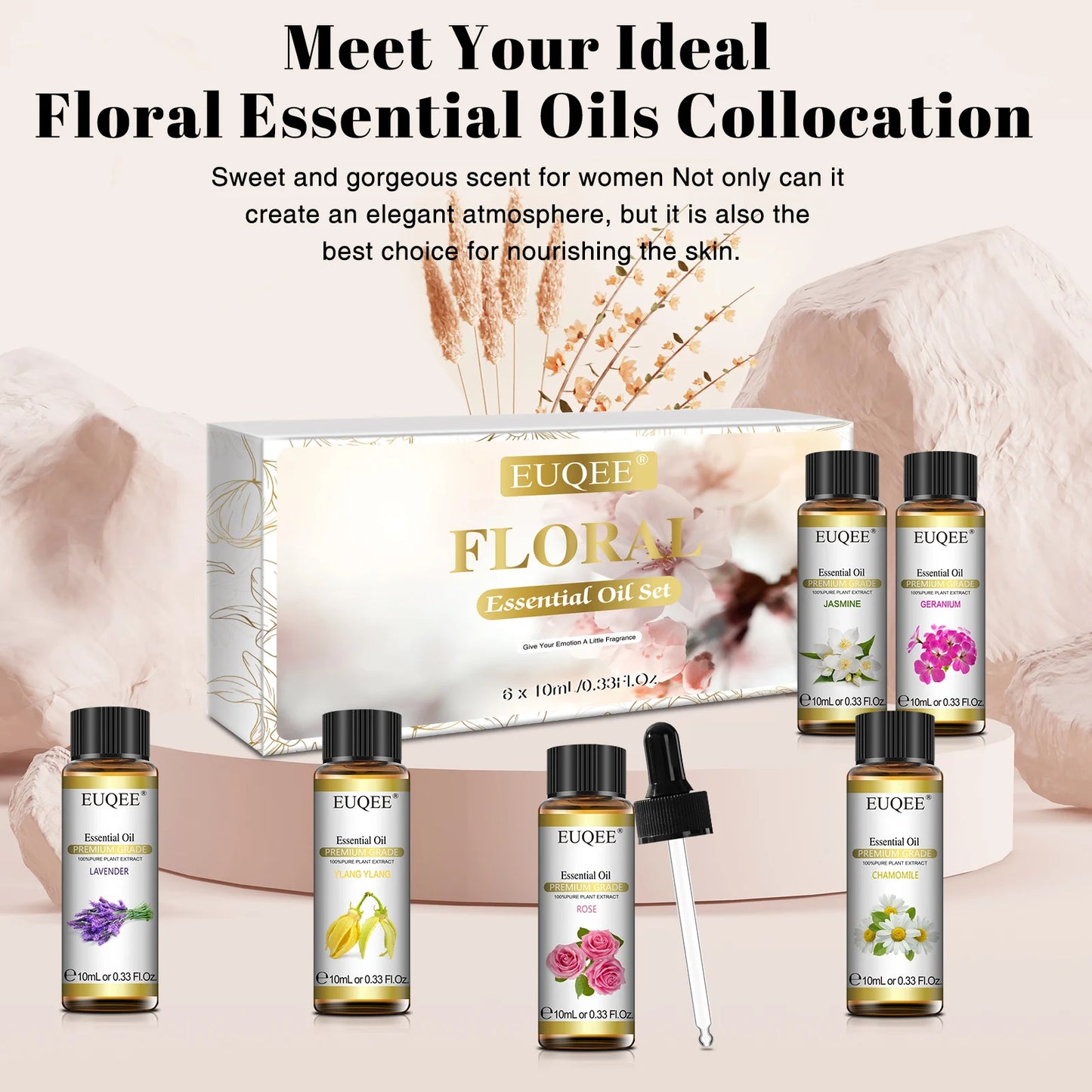 EUQEE 6 Bottles Floral Series Essential Oils Set for Diffuser Candle Making-Rose Lavender Ylang Ylang Jasmine Geranium Chamomile