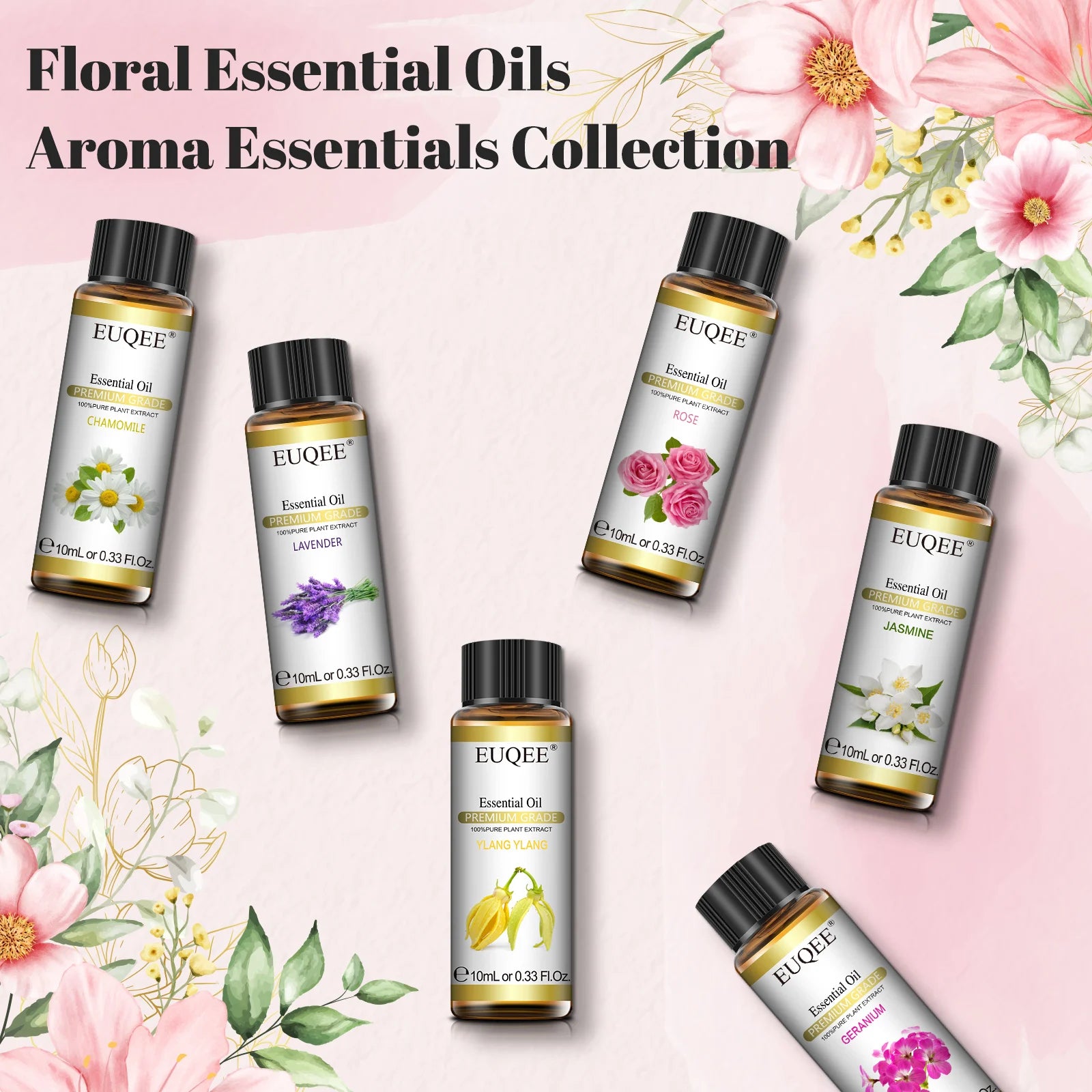 EUQEE 6 Bottles Floral Series Essential Oils Set for Diffuser Candle Making-Rose Lavender Ylang Ylang Jasmine Geranium Chamomile
