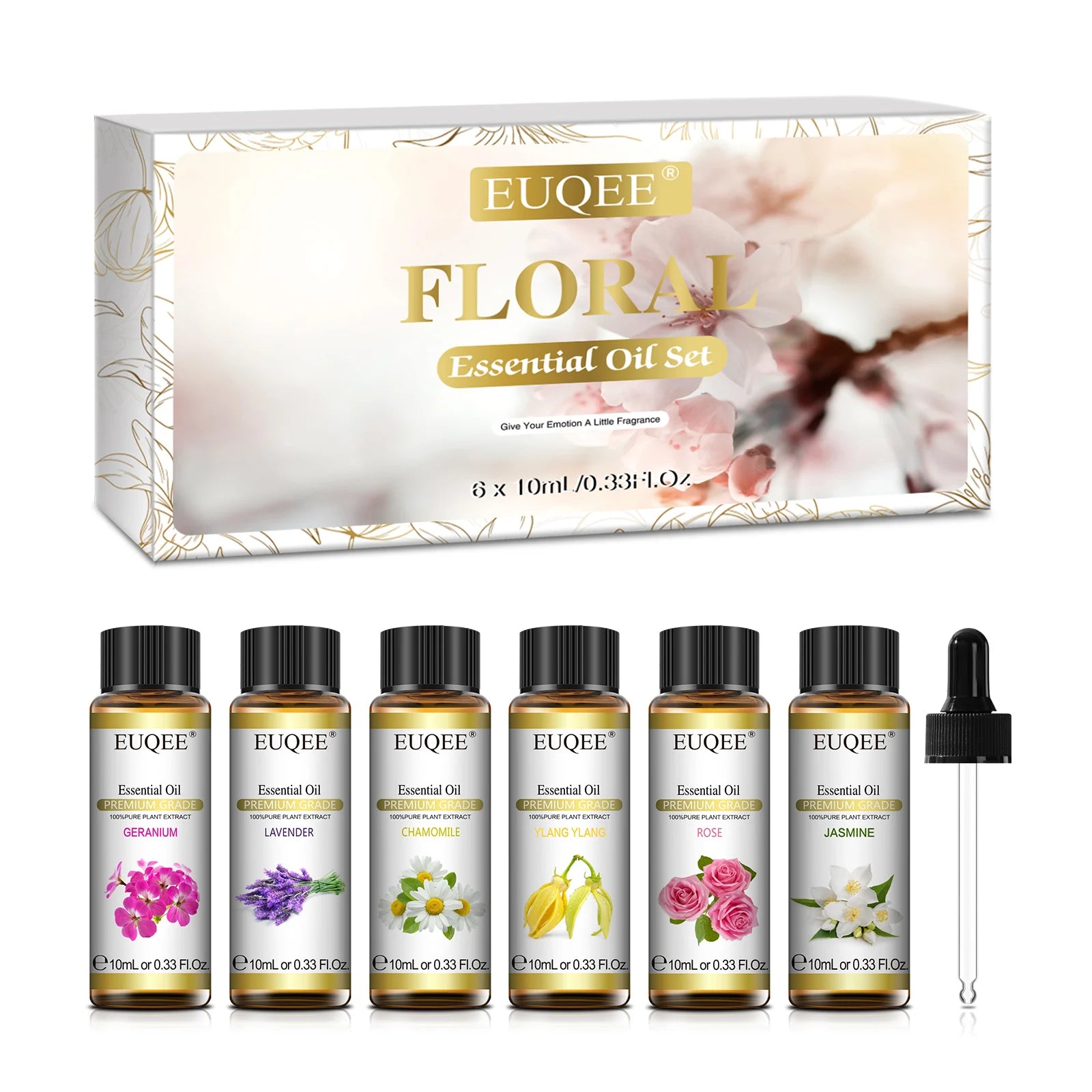 EUQEE 6 Bottles Floral Series Essential Oils Set for Diffuser Candle Making-Rose Lavender Ylang Ylang Jasmine Geranium Chamomile
