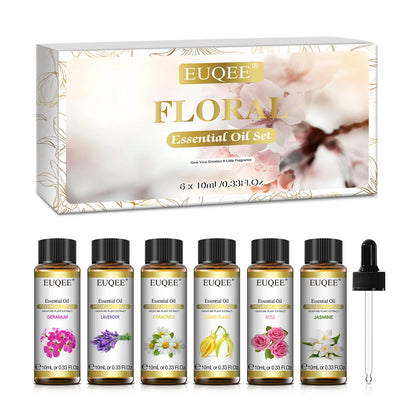 EUQEE 6 Bottles Floral Series Essential Oils Set for Diffuser Candle Making-Rose Lavender Ylang Ylang Jasmine Geranium Chamomile